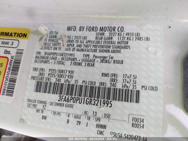 3FA6P0PU1GR321995 Ford Fusion Energi Se Luxury