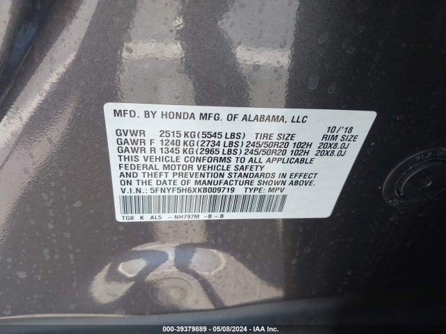 Honda Pilot Touring 2019 5FNYF5H6XKB009719 Image 9