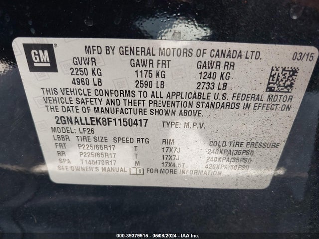 Chevrolet Equinox L 2015 2GNALLEK8F1150417 Image 9
