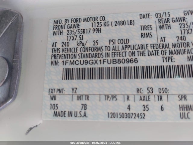 Ford ESCAPE SE 2015 1FMCU9GX1FUB80966 Image 9