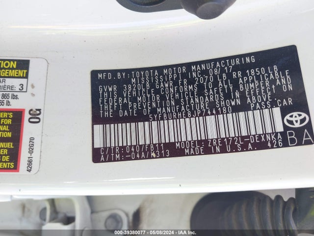 Toyota COROLLA LE 2018 5YFBURHE8JP744180 Image 9