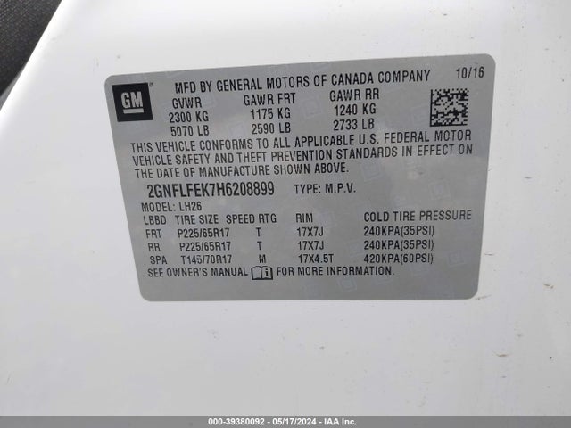 Chevrolet EQUINOX LT 2017 2GNFLFEK7H6208899 Image 9