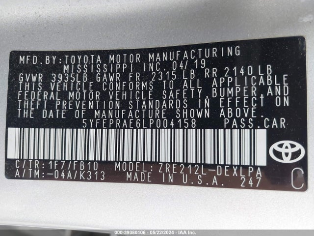 Toyota COROLLA LE 2020 5YFEPRAE6LP004158 Image 9