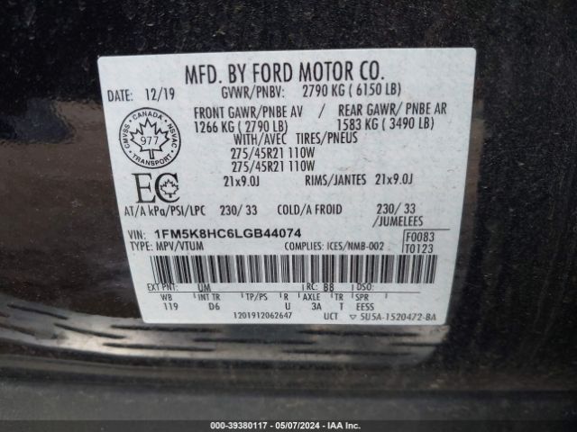 1FM5K8HC6LGB44074 Ford Explorer Platinum
