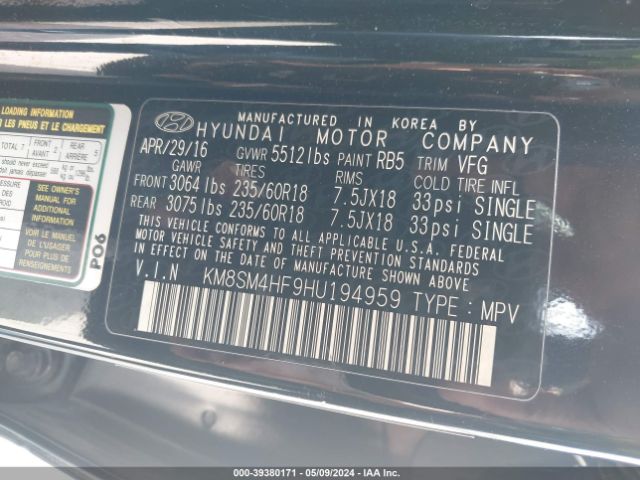 KM8SM4HF9HU194959 Hyundai Santa Fe Se