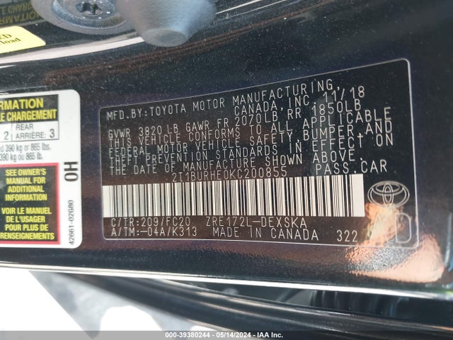 Toyota COROLLA SE 2019 2T1BURHE0KC200855 Image 9