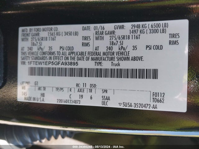 Ford F-150 Lariat 2016 1FTEW1EP5GFA93895 Image 9