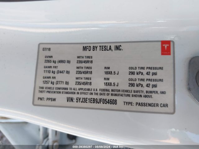5YJ3E1EB9JF054608 Tesla Model 3 Long Range/performance