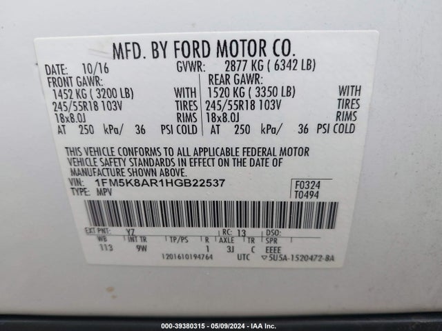 Aukcja sprzedaży 2017 Ford Utility Police Interceptor, vin: 1FM5K8AR1HGB22537, numer aukcji: 39380315