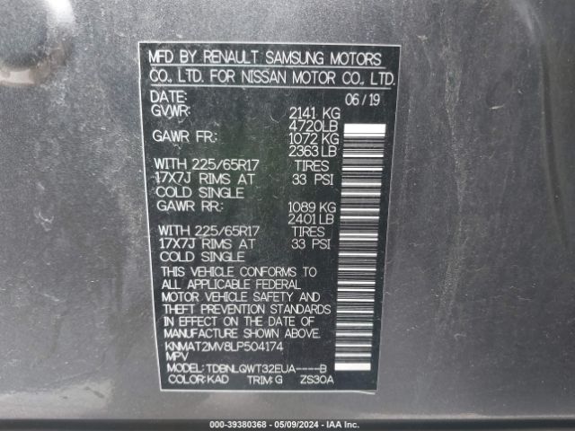 KNMAT2MV8LP504174 Nissan Rogue Sv Intelligent Awd