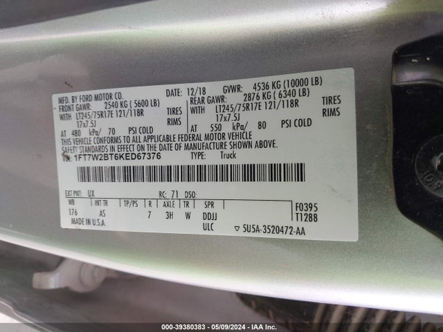 Ford F-250 Xl 2019 1FT7W2BT6KED67376 Image 9