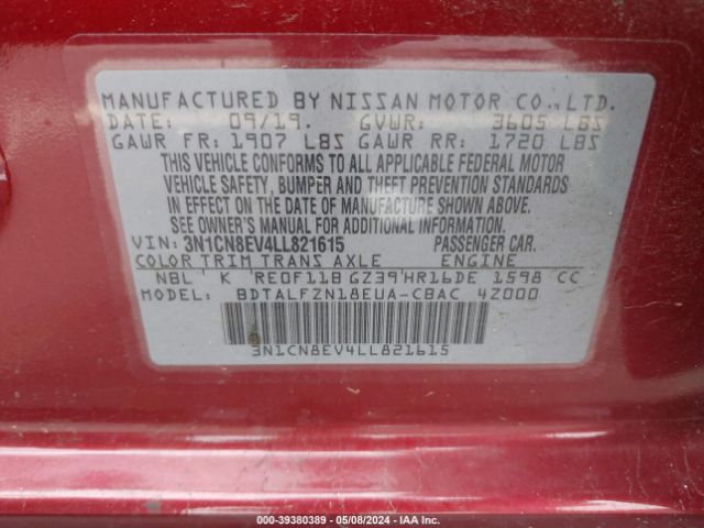 3N1CN8EV4LL821615 Nissan Versa Sv Xtronic Cvt