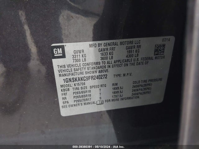 Chevrolet Tahoe Ls 2015 1GNSKAKC9FR240272 Image 9