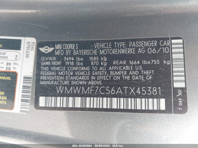 2010 MINI COOPER WMWMF7C56ATX45381 Photo 8