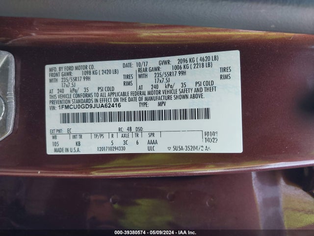 Ford ESCAPE SE 2018 1FMCU0GD9JUA62416 Image 9