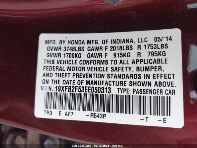 Honda Civic Lx 2014 19XFB2F53EE050313 Image 9