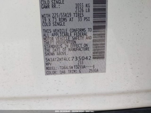 5N1AT2MT4LC735042 Nissan Rogue Sl Fwd