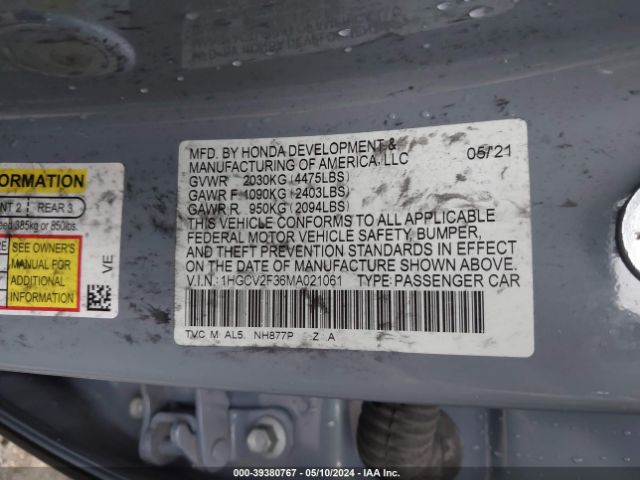 1HGCV2F36MA021061 Honda Accord Sport 2.0t