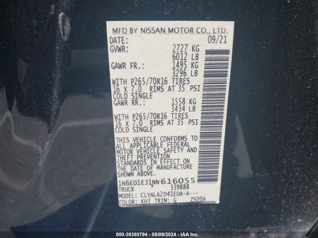Nissan Frontier S 4x2 2022 1N6ED1EJ1NN616055 Image 9