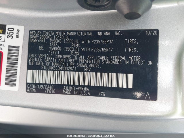Toyota SIENNA XLE 2021 5TDJRKEC3MS002871 Image 9