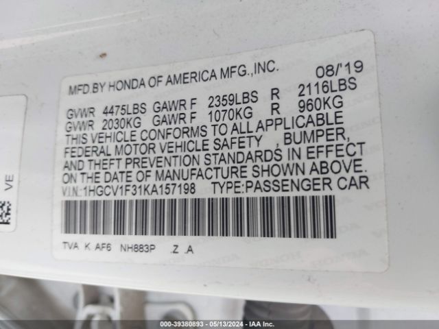 1HGCV1F31KA157198 Honda Accord Sport