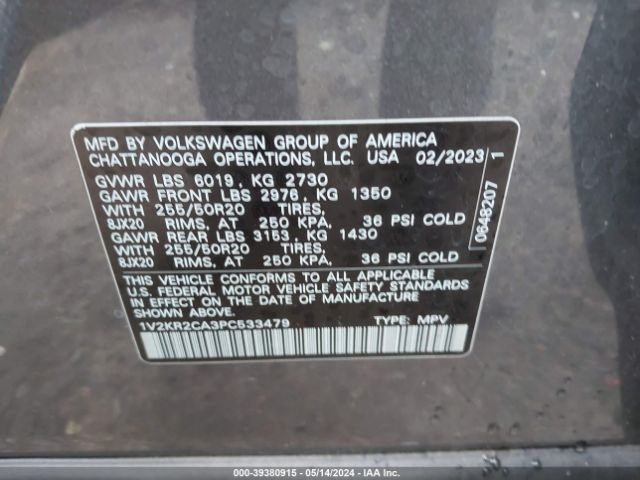 1V2KR2CA3PC533479 Volkswagen Atlas 3.6l V6 Se W/technology