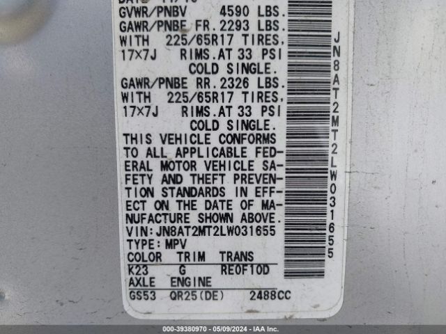JN8AT2MT2LW031655 Nissan Rogue S Fwd