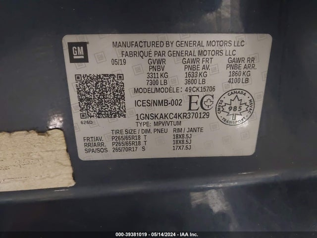 Chevrolet Tahoe Ls 2019 1GNSKAKC4KR370129 Image 9