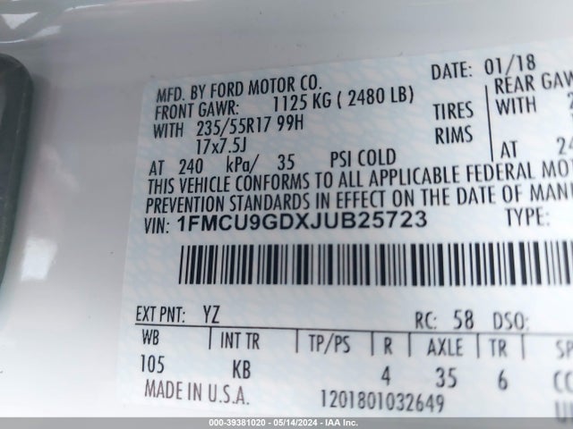 Ford ESCAPE SE 2018 1FMCU9GDXJUB25723 Image 9