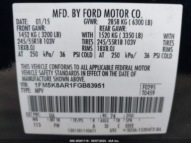 1FM5K8AR1FGB83951 Ford Utility Police Interceptor