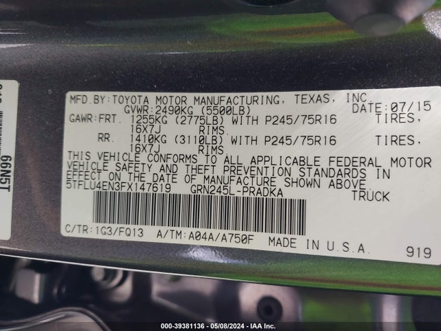 Toyota Tacoma Base V6 2015 5TFLU4EN3FX147619 Image 9