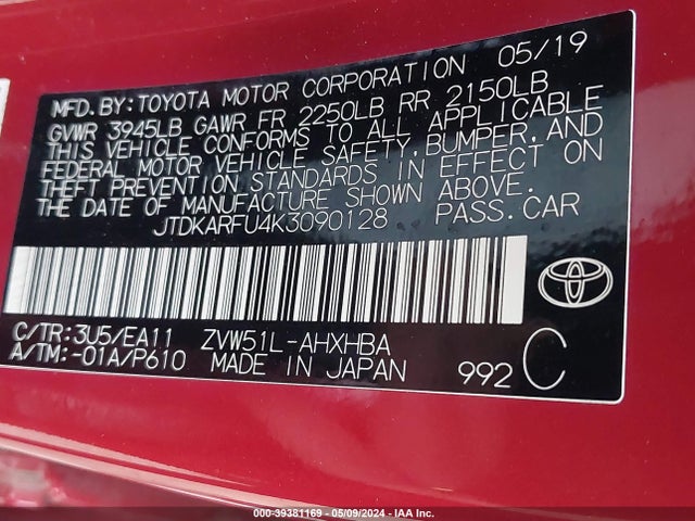 JTDKARFU4K3090128 Toyota Prius Limited