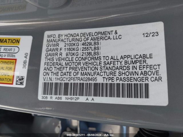 1HGCY2F67RA028495 Honda Accord Hybrid Ex-l