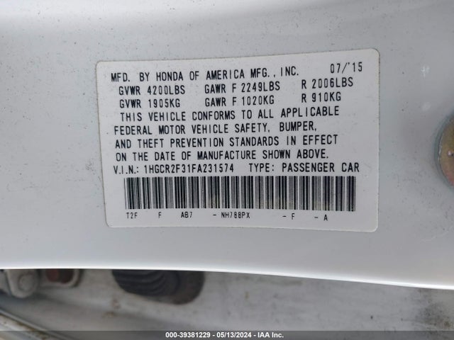 Honda ACCORD LX 2015 1HGCR2F31FA231574 Image 9