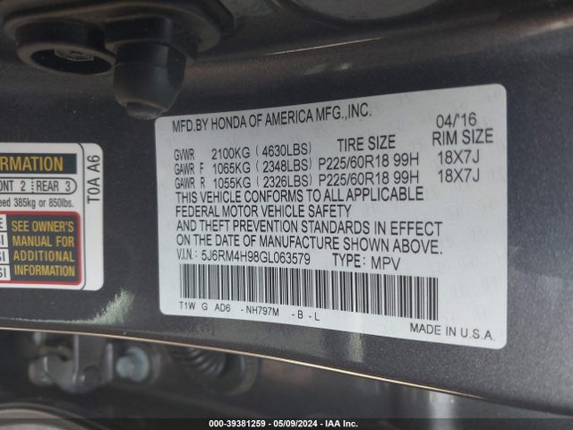 Honda Cr-v Touring 2016 5J6RM4H98GL063579 Image 9
