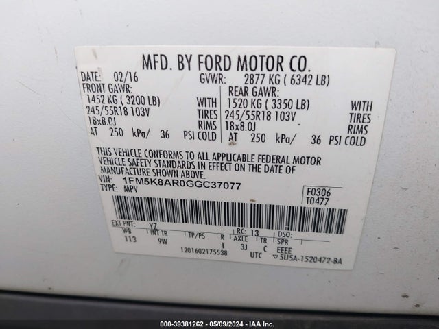 Ford Utility Police Interceptor 2016 1FM5K8AR0GGC37077 Image 9