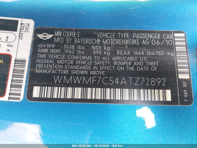 2010 MINI COOPER S WMWMF7C54ATZ72892 Photo 8