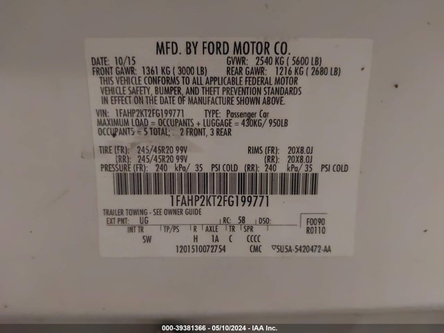 1FAHP2KT2FG199771 Ford TAURUS SHO