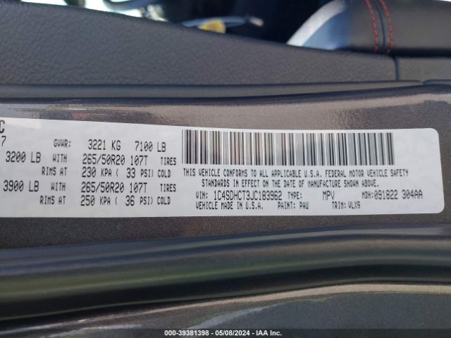 1C4SDHCT3JC183962 Dodge Durango R/t Rwd