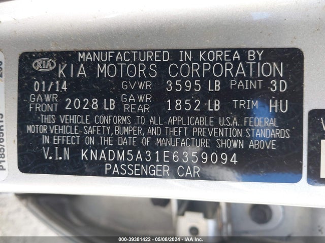 KIA RIO LX 2014 KNADM5A31E6359094 Image 9