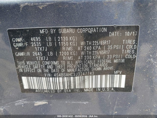 Subaru Outback 2.5i Premium 2018 4S4BSAHC3J3247743 Image 9
