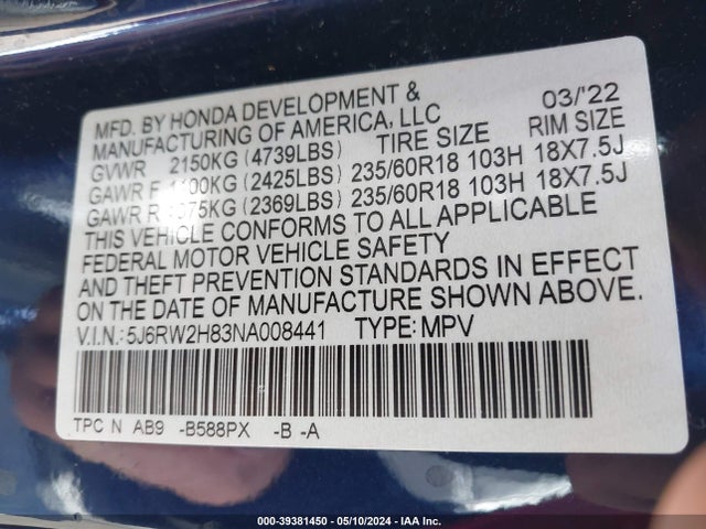 Honda Cr-v Awd Ex-l 2022 5J6RW2H83NA008441 Image 9