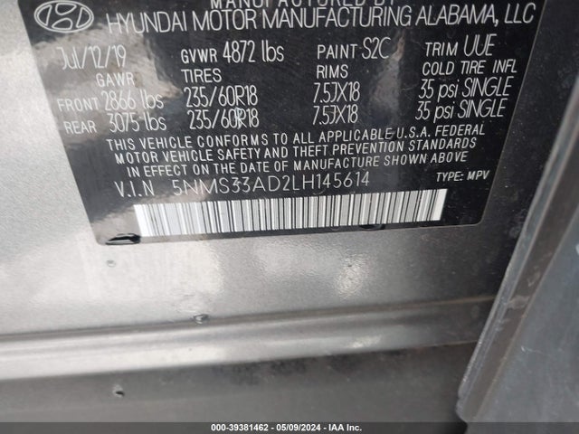 Hyundai Santa Fe Sel 2020 5NMS33AD2LH145614 Image 9