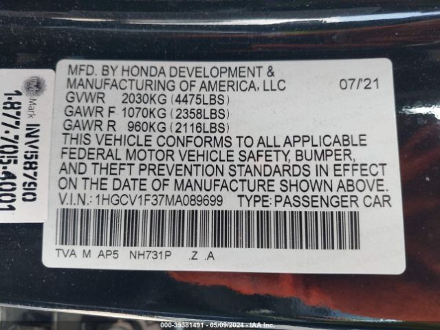 1HGCV1F37MA089699 Honda Accord Sport
