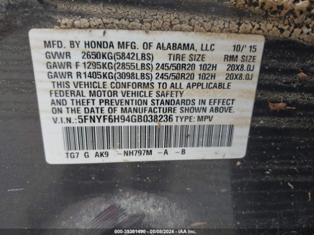 5FNYF6H94GB038236 Honda Pilot Touring