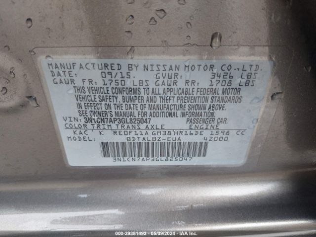3N1CN7AP3GL825047 Nissan Versa 1.6 S/1.6 S+/1.6 Sl/1.6 Sv