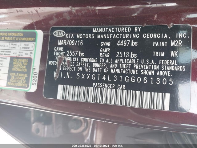 KIA Optima Lx 2016 5XXGT4L31GG061305 Image 9