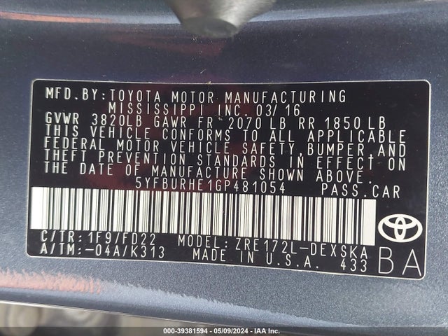 Toyota Corolla S Plus 2016 5YFBURHE1GP481054 Image 9
