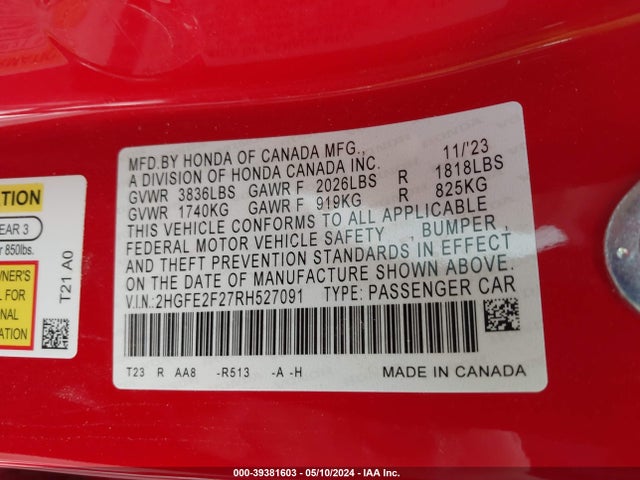 Honda Civic Lx 2024 2HGFE2F27RH527091 Image 9