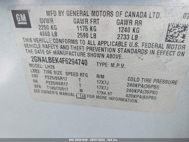 Chevrolet EQUINOX 1LT 2015 2GNALBEK4F6294740 Image 9